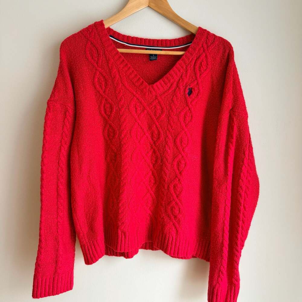 U.S. Polo Assn. Women's Red Cable Knit V-Neck Sweater Size Large